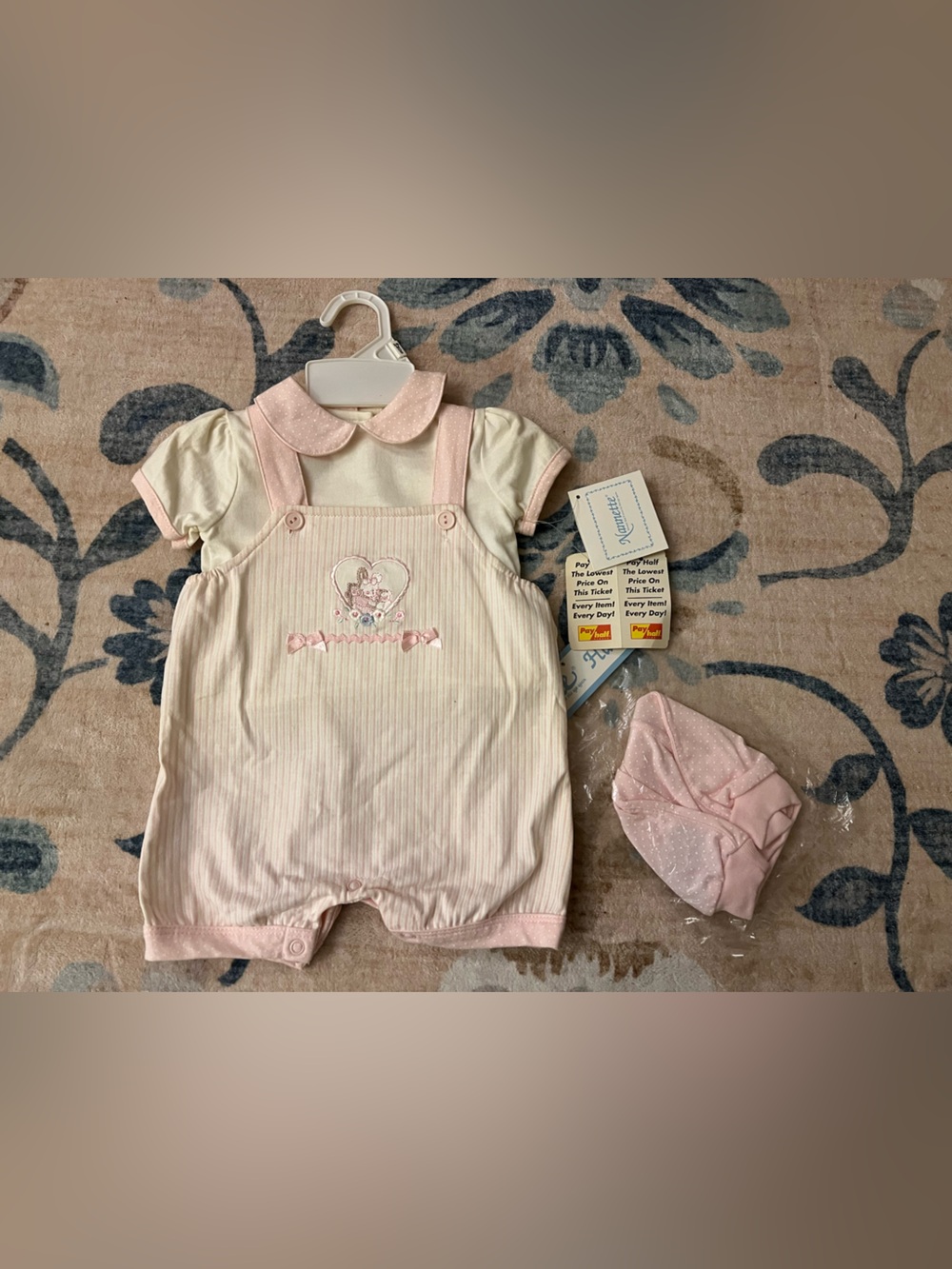 Nannette Pink Striped Baby Romper with Polka Dot Hat vintage nwt